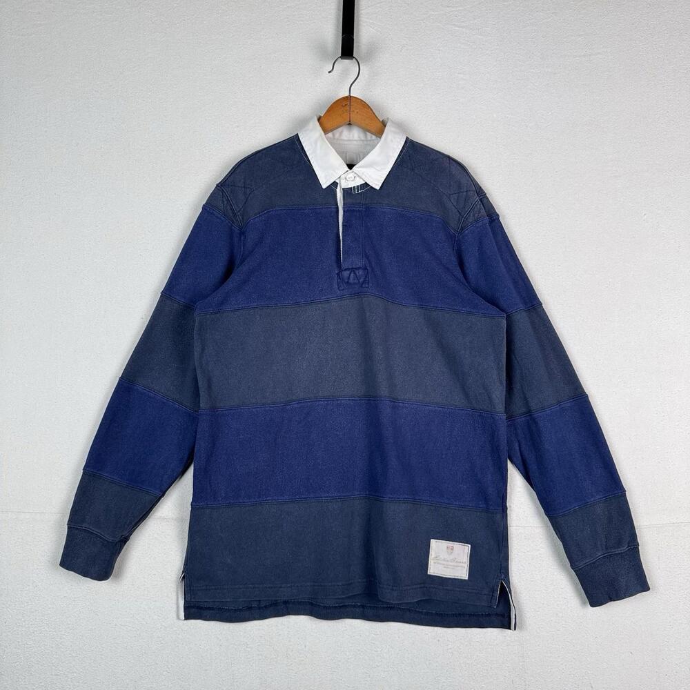 Eddie Bauer Mens Large‎ Blue Striped Collared Rugby Polo Long Sleeve *Read
